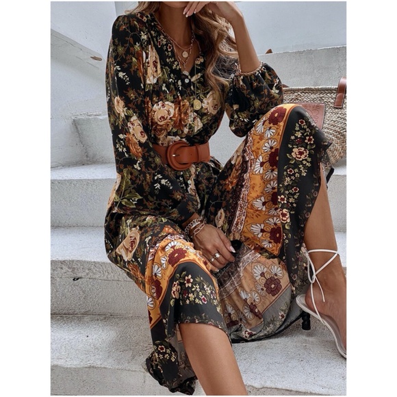 Dresses & Skirts - boho floral print button down long sleeve dress